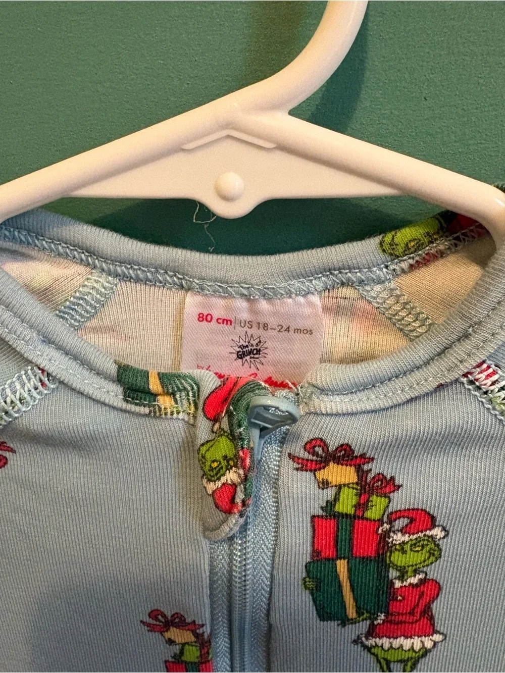 Hanna Andersson Light Blue Grinch Print Zip One-Piece Pajamas